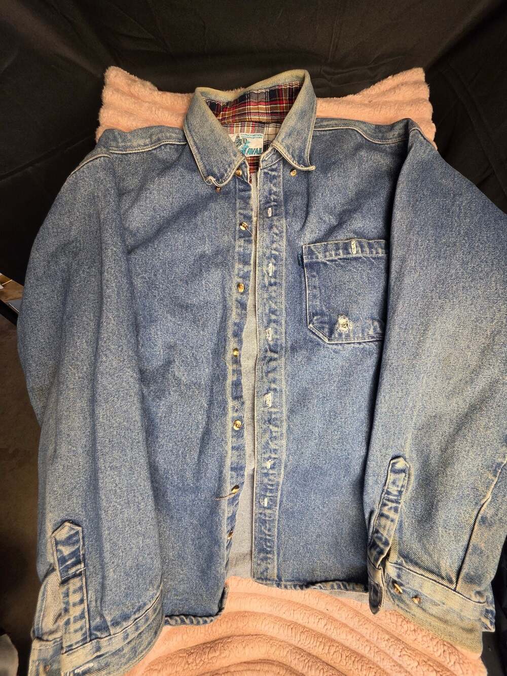 Vintage Naval Plaid-Lined Denim Button-Down Shirt
